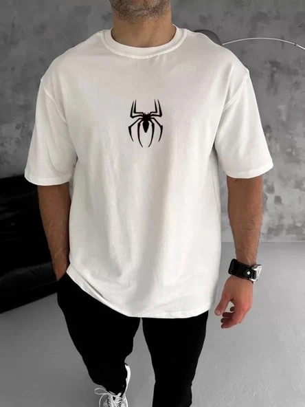 Unisex Bisiklet Yaka Baskılı Oversize T-Shirt - Beyaz ürün görseli 1
