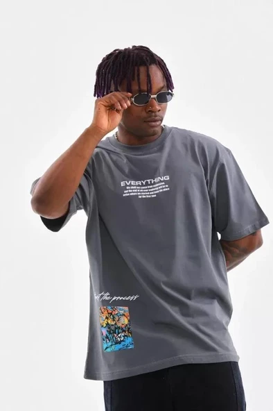 Unisex Bisiklet Yaka Baskılı Oversize T-Shirt - Gri ürün görseli 1