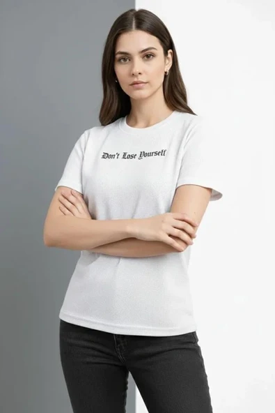 Wafıl Kumaş Tişört Regular Kalıp Bisiklet Yaka Baskılı Günlük Basic T-Shirt - Beyaz ürün görseli 1