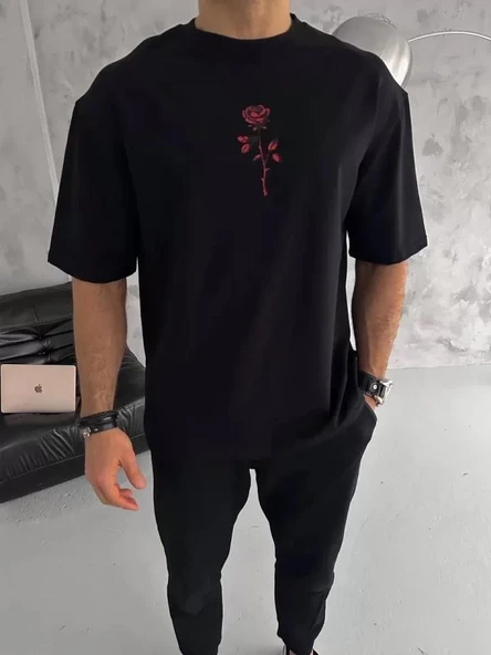 Unisex Bisiklet Yaka Baskılı Oversize T-Shirt - Siyah ürün görseli 1