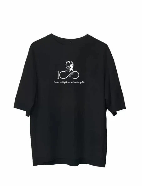 Unisex Bisiklet Yaka Baskılı Oversize T-Shirt - Siyah ürün görseli 1