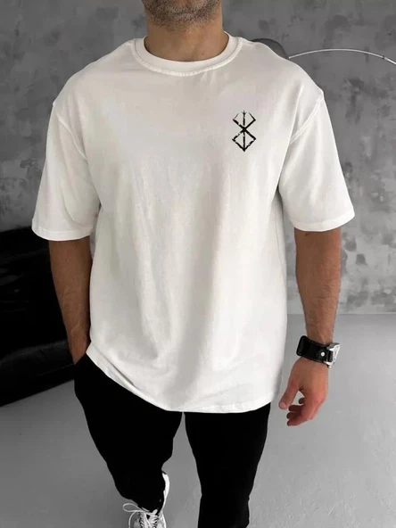 Unisex Bisiklet Yaka Baskılı Oversize T-Shirt - Beyaz ürün görseli 1
