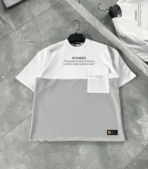 Unisex Torba Cep Detaylı  Parçalı T-Shirt - Gri ürün görseli 1