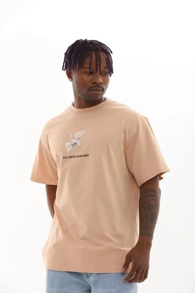 Unisex Baskılı Oversize T-Shirt - Bej - Resim 3