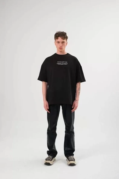Unisex Bisiklet Yaka Baskılı Oversize T-Shirt - Siyah ürün görseli 1