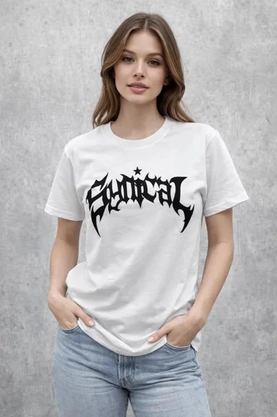 Bisiklet Yaka Ön Baskılı Kısa Kollu Tişört Streetwear Günlük Basic Pamuklu T-shirt - Beyaz ürün görseli 1