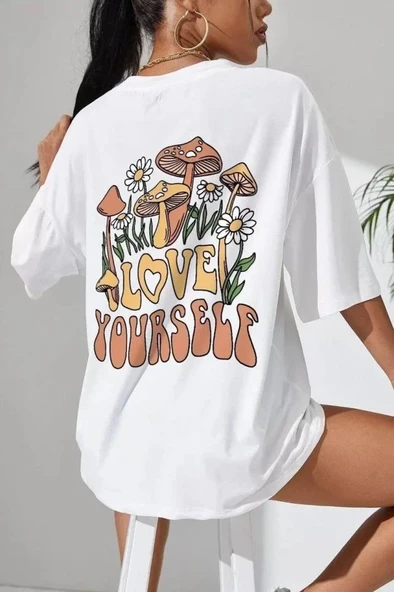 Unisex Baskılı Oversize T-Shirt - Beyaz ürün görseli 1
