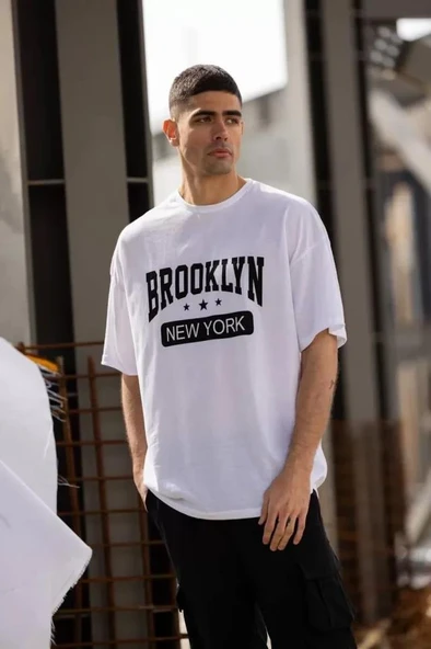 Unisex Bisiklet Yaka Baskılı Oversize T-Shirt - Beyaz ürün görseli 1