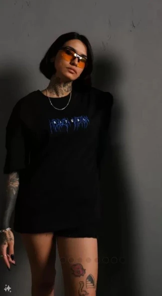 Unisex Bisiklet Yaka Baskılı Oversize T-Shirt - Siyah ürün görseli 1