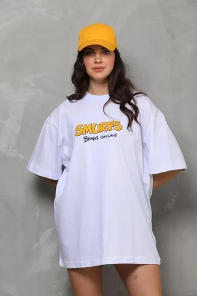 Unisex Bisiklet Yaka Baskılı Oversize T-Shirt - Beyaz ürün görseli 1