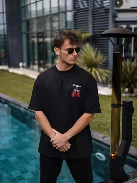 Unisex Bisiklet Yaka Baskılı Oversize T-Shirt - Siyah ürün görseli 1