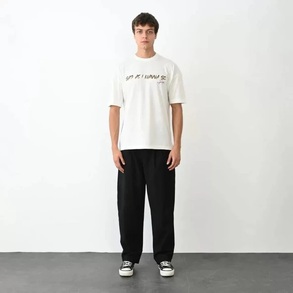 Unisex Bisiklet Yaka Baskılı Oversize T-Shirt - Beyaz ürün görseli 1