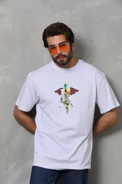 Unisex Bisiklet Yaka Baskılı Oversize T-Shirt - Beyaz ürün görseli 1