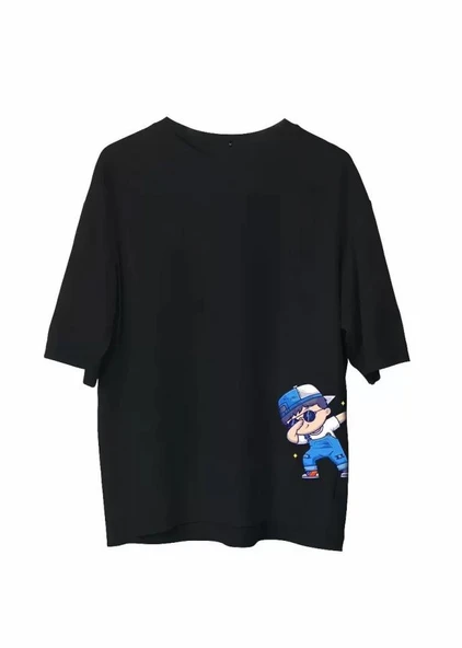 Unisex Bisiklet Yaka Baskılı Oversize T-Shirt - Siyah ürün görseli 1