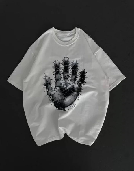 Unisex Bisiklet Yaka Baskılı Oversize T-Shirt - Beyaz ürün görseli 1