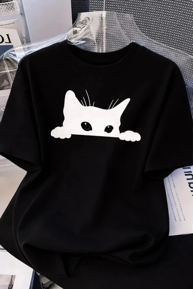 Kadınlar Için Siyah Kedi Grafik Tişört - Oversize Kısa Kollu Üst Nefes Alabilir - Siyah ürün görseli 1
