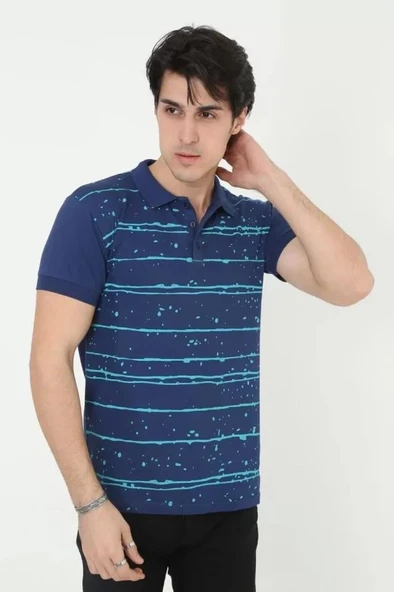 Erkek Yakalı Slim Fit Pike Çizgili T-Shirt - Mavi ürün görseli 1