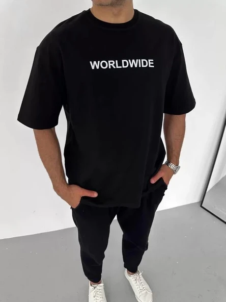 Unisex Bisiklet Yaka Baskılı Oversize T-Shirt - Siyah ürün görseli 1