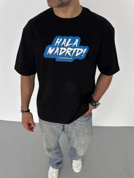 Unisex Bisiklet Yaka Baskılı Oversize T-Shirt - Siyah ürün görseli 1