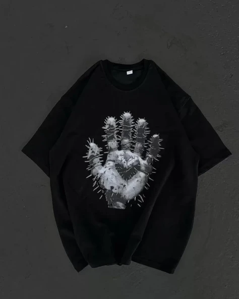 Unisex Bisiklet Yaka Baskılı Oversize T-Shirt - Siyah ürün görseli 1