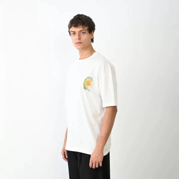 Unisex Bisiklet Yaka Baskılı Oversize T-Shirt - Beyaz ürün görseli 1