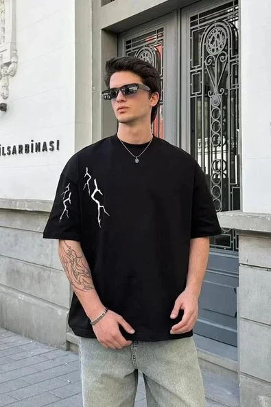 Unisex Bisiklet Yaka Baskılı Oversize T-Shirt - Siyah ürün görseli 1