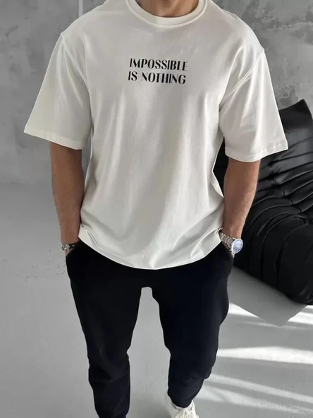 Unisex Bisiklet Yaka Baskılı Oversize T-Shirt - Beyaz ürün görseli 1
