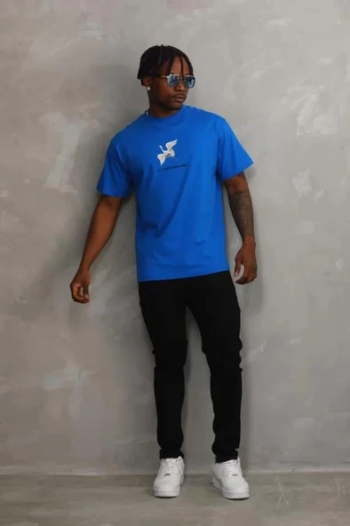 Unisex Baskılı Oversize T-Shirt - Mavi - Resim 4