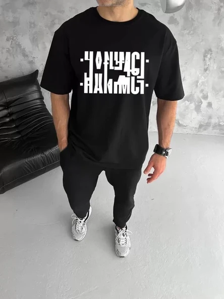 Unisex Bisiklet Yaka Katlanan Baskılı T-Shirt - Siyah ürün görseli 1