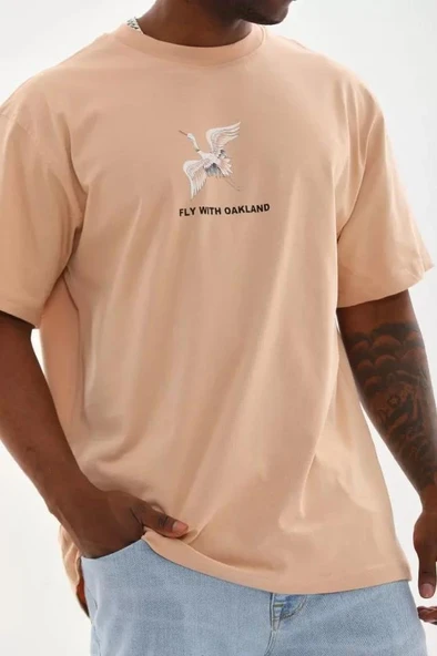 Unisex Baskılı Oversize T-Shirt - Bej ürün görseli 1