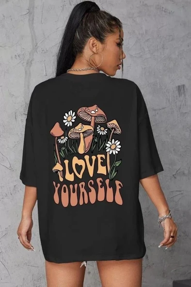 Unisex Baskılı Oversize T-Shirt - Siyah ürün görseli 1