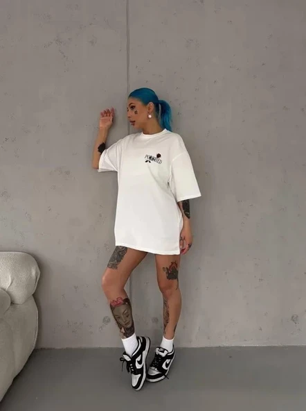 Unisex Bisiklet Yaka Baskılı Oversize T-Shirt - Beyaz ürün görseli 1
