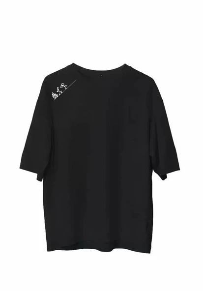Unisex Bisiklet Yaka Baskılı Oversize T-Shirt - Siyah ürün görseli 1