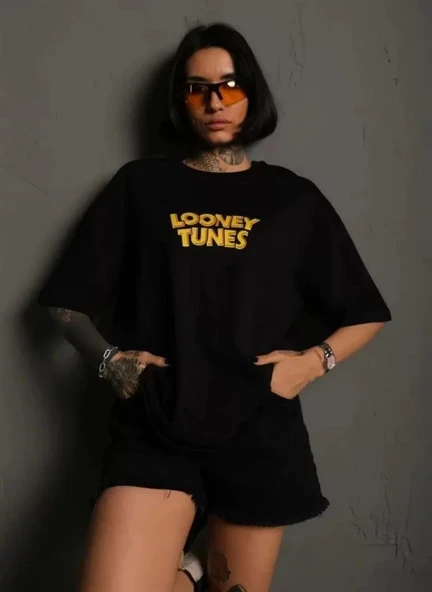 Unisex Bisiklet Yaka Baskılı Oversize T-Shirt - Siyah ürün görseli 1