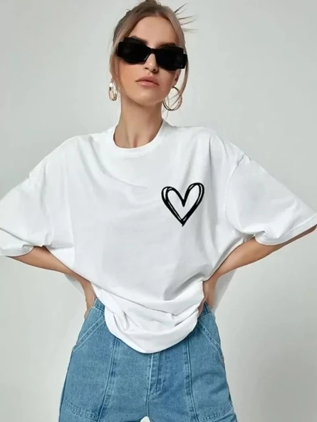 Bisiklet Yaka Baskılı Oversize T-Shirt - Beyaz ürün görseli 1