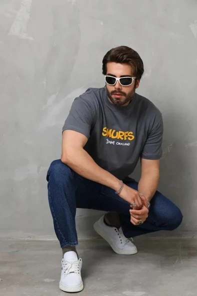 Unisex Basic Bisiklet Yaka Oversize T-Shirt - Füme - Resim 3