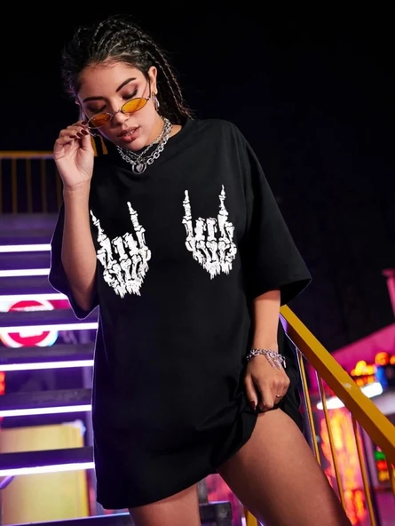 Baskılı Oversize T-shirt - Siyah ürün görseli 1