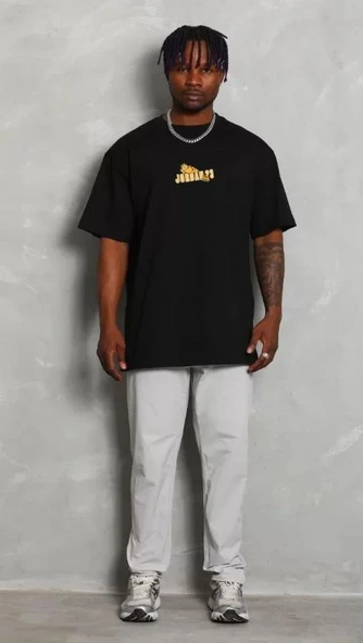 Unisex Bisiklet Yaka Baskılı Oversize T-Shirt - Siyah ürün görseli 1