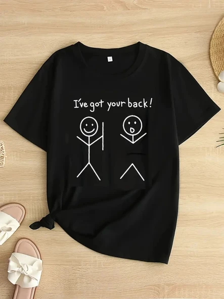 Baskılı Oversize Bisiklet Yaka T-shirt - Siyah ürün görseli 1