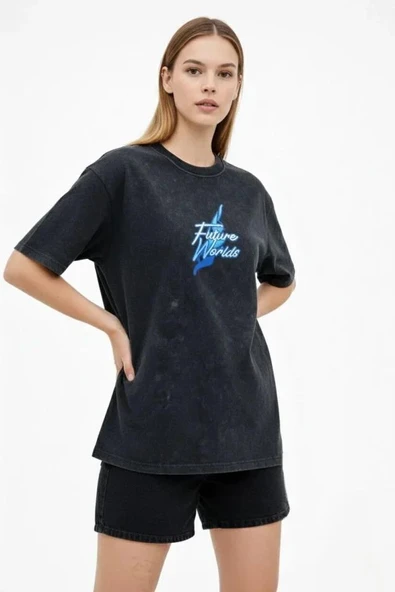 Asit Yıkamalı Oversize Tişört Future Worlds Baskılı Bisiklet Yaka Kısa Kollu Streetwear %100 Pamuk Street Style T-Shirt - Siyah ürün görseli 1