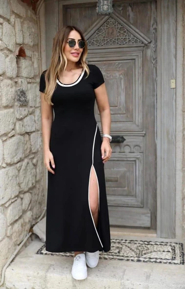 Kadın Yuvarlak Ribana Yaka Beyaz Yırtmaç Detaylı Viskon Tam Boy Elbise ürün görseli 1