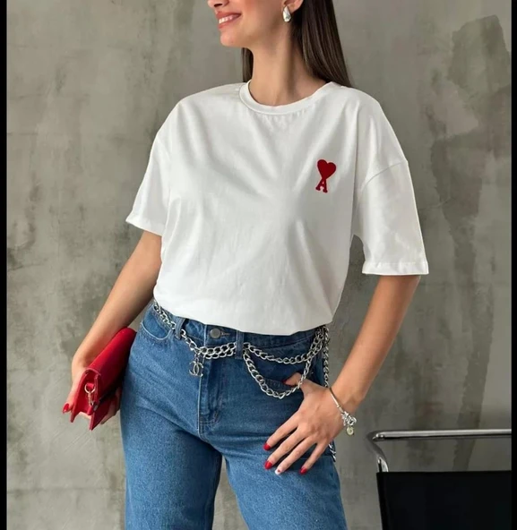 Unisex Bisiklet Yaka Baskılı Oversize T-Shirt - Beyaz ürün görseli 1