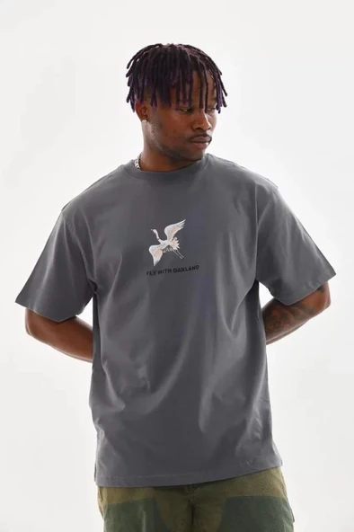 Unisex Baskılı Oversize T-Shirt - Füme ürün görseli 1