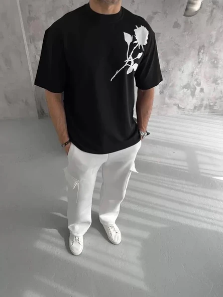Unisex Bisiklet Yaka Baskılı Oversize T-Shirt - Siyah ürün görseli 1