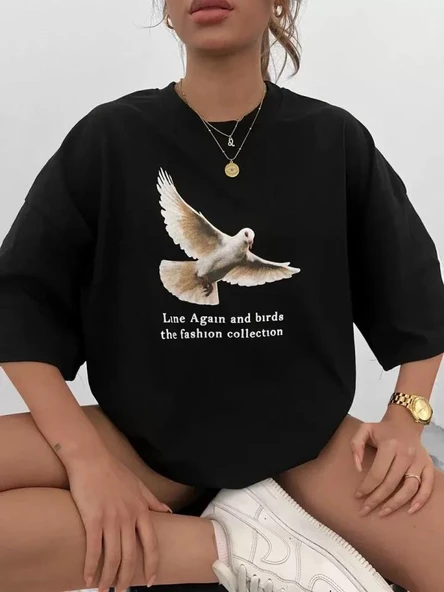 Unisex Bisiklet Yaka Baskılı Oversize T-Shirt - Siyah ürün görseli 1