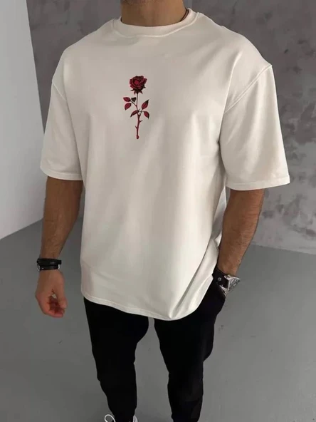 Unisex Bisiklet Yaka Baskılı Oversize T-Shirt - Beyaz ürün görseli 1