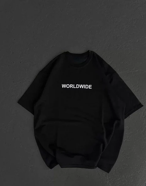 Unisex Bisiklet Yaka Baskılı Oversize T-Shirt - Siyah ürün görseli 1