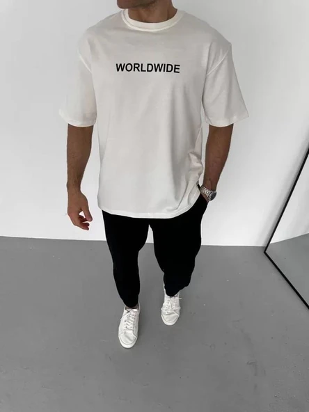 Unisex Bisiklet Yaka Baskılı Oversize T-Shirt - Beyaz ürün görseli 1