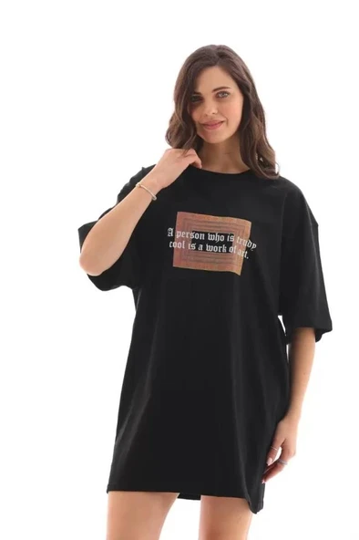 Unisex Bisiklet Yaka Baskılı Oversize T-Shirt - Siyah ürün görseli 1