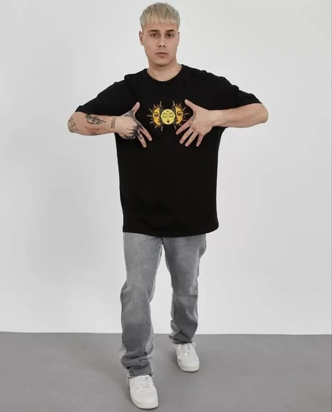 Unisex Bisiklet Yaka Baskılı Oversize T-Shirt - Siyah ürün görseli 1